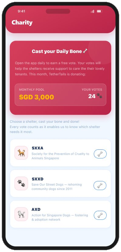 Charity — Cast your Daily Bone vote with the monthly SGD 3,000 donation pool