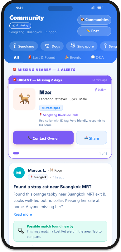 Community — Lost pet alerts and posts from neighbouring pet owners