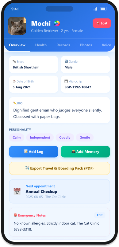 Pet Management — Mochi's full profile with health, records and emergency notes