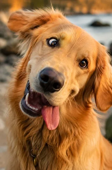 A golden retriever on a beach at sunset