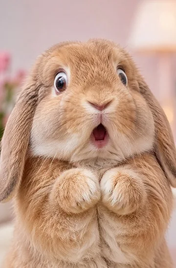A fawn Holland Lop rabbit sitting up